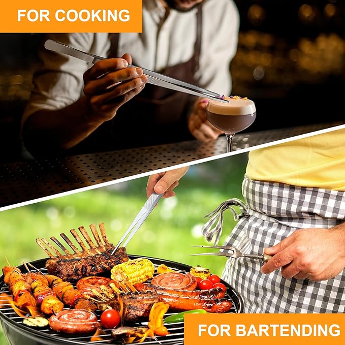 Yaomiao 4 Packs 12 Inch Bar Tweezers Silver Cocktail Tongs Long Garnish Tweezers Stainless Steel Bartender Kitchen Cooking Tongs for Cocktail Food Fruit Korean BBQ Bartender Chef, Multi-use