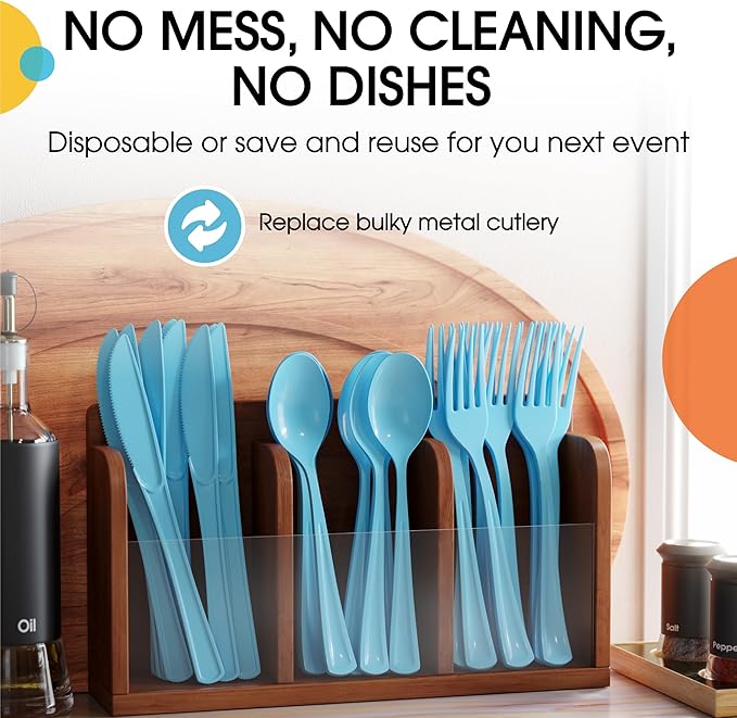 Party Solids Light Blue Plastic Silverware Heavy Duty 150 Pcs Light Blue Plastic Cutlery Sets, Utensil Sets, 50 Of Each Forks, Knives & Spoons Disposable Cutlery Set, Flatware Set For Party Supplies