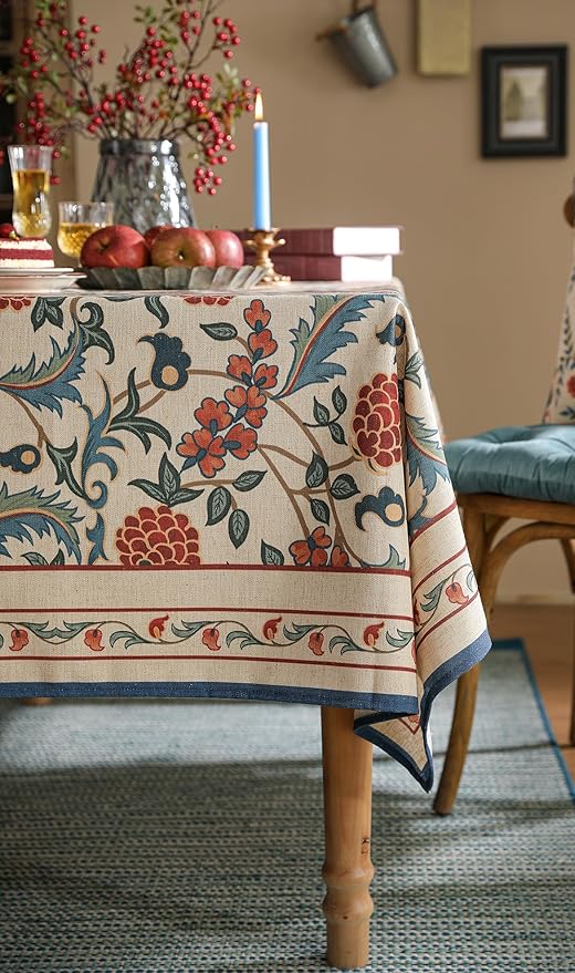 patdrea Designer Vintage Linen Tablecloth for Rectangle Table,French Soft Durable Floral Tablecloths,Colorful Table Cover for Kitchen Dining,Parties,Christmas,Thanksgiving,Party,63"x87"-Puno