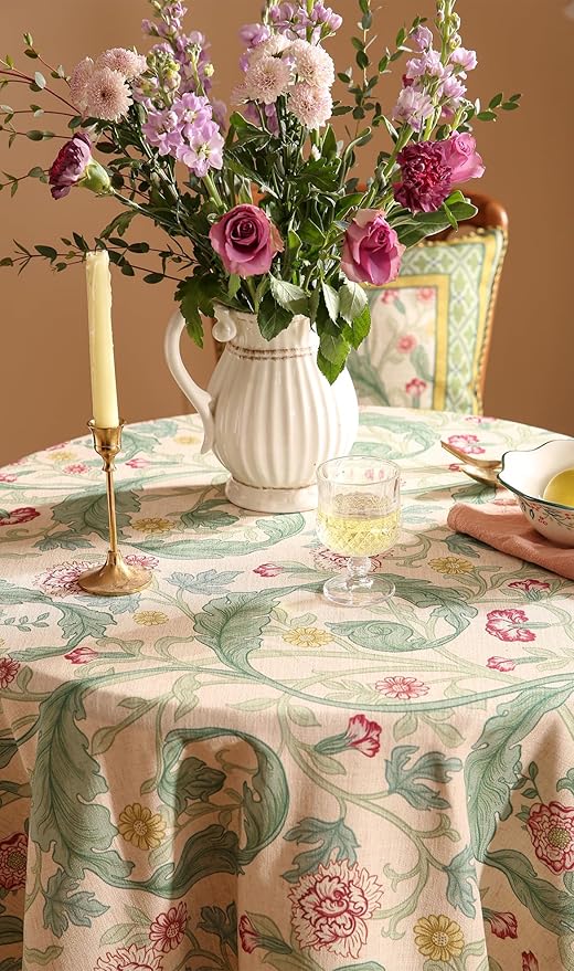 patdrea Designer Green Small Tablecloth for Round Table,Vintage Linen Leaves Pattern Table Cloth,Floral Decor Cover for Kitchen Dining Christmas,Thanksgiving,Tea Party,Diameter 55"-Cecilia a