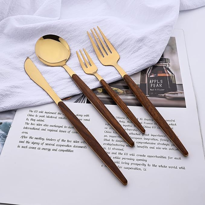 16-Piece Silverware Set with Cake Fork, Gold Stainless Steel Flatware Cutlery Set, Eating Utensils Set with Wooden effect Handle, Include Knife Fork Spoon, Mirror Polished, Dishwasher Safe