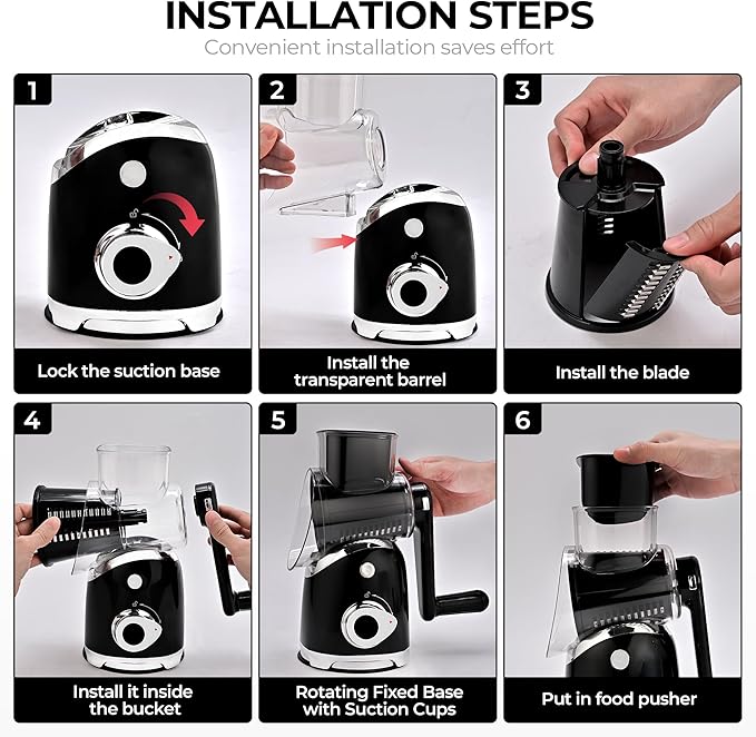 SUSTEAS Rotary Cheese Grater with Handle,Vegetable Slicer with 6 Interchangeable Blades, Reinforced Suction,Easy to Clean,Kitchen Shredder for Crushed Ice,Fruits and Nuts with Blade Storage Case,Black