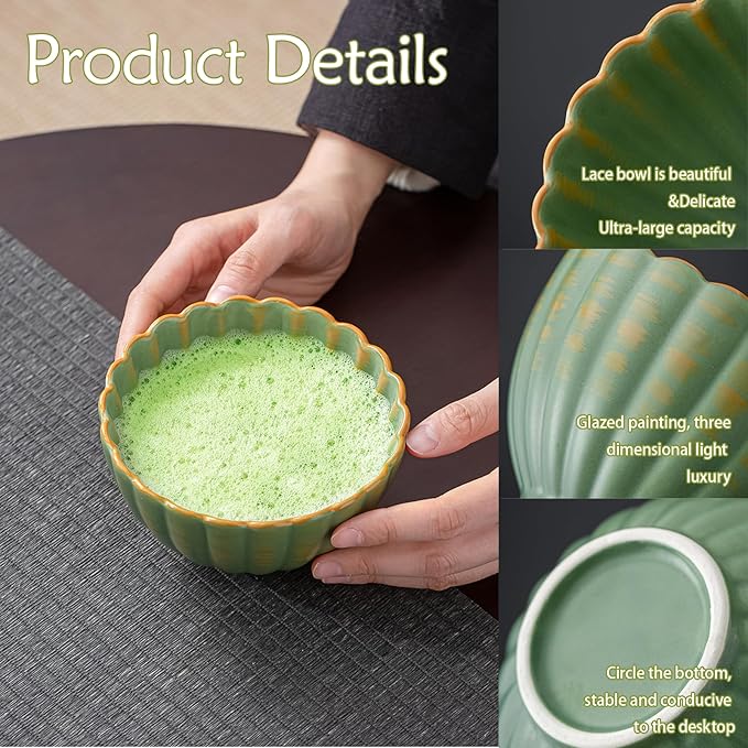 8PCS Matcha Whisk Set - Matcha Set Ceramic Whisk and Bowl, Japanese Buucup Matcha Set with Bamboo Whisk, Sifter, Scoop, Holder & Tea Towel for Traditional Matcha Ceremony (Green)