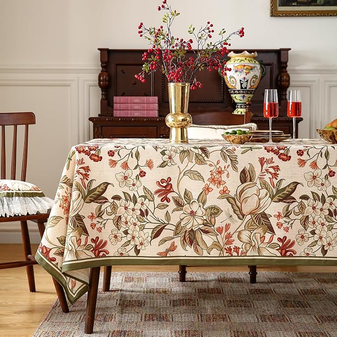 ISAENNE Designer Bohemian Linen Extra Long Rectangle Tablecloth,Colorful Floral Pattern Table Cloth,Wrinkle Resistant Decorative Tablecloths for Dining Thanksgiving Kitchen,63"*110"-Grace A