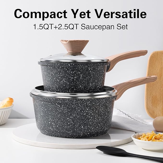 Kordisen Sauce Pan Set with Lid, 1.5QT & 2.5QT Non Stick Small Pots with Granite Coating, Saucepan with Pour Spout, Multipurpose Induction Cooking Pans, PFOA/PFOS Free