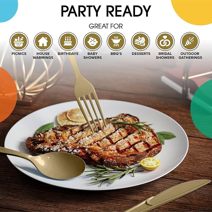 Party Solids Gold Plastic Silverware Heavy Duty 150 Pieces Gold Plastic Cutlery Sets, Utensil Sets, 50 Of Each Forks, Knives & Spoons Disposable Cutlery Set, Flatware Set For Party Supplies