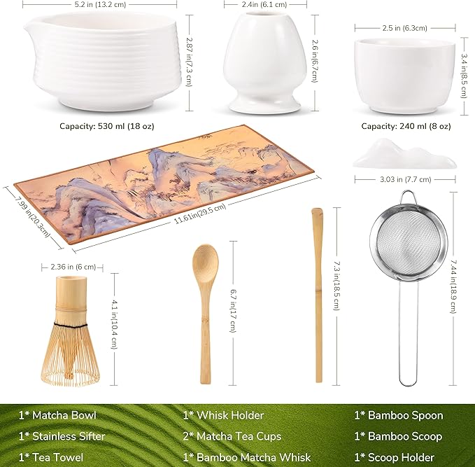 HELPLX Matcha Whisk Set 10-Piece Japanese Matcha Kit with BowlWhisk & Holder2 Tea CupsBamboo ScoopSpoonSifterScoop Rest & Tea Towel – White Matcha Tea Set for Ceremony or Daily Use