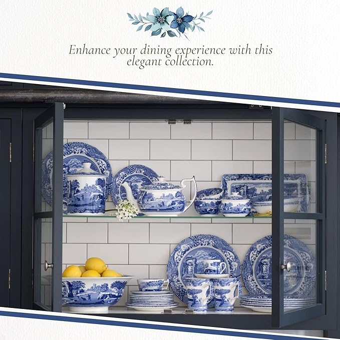 Spode Blue Italian Ascot Cereal Bowl Set of 4-8-Inch Earthenware Bowls with Oriental Design, Dishwasher & Microwave Safe Tableware for Breakfast, Soup, Rice, Dessert - Blue & White Dinnerware