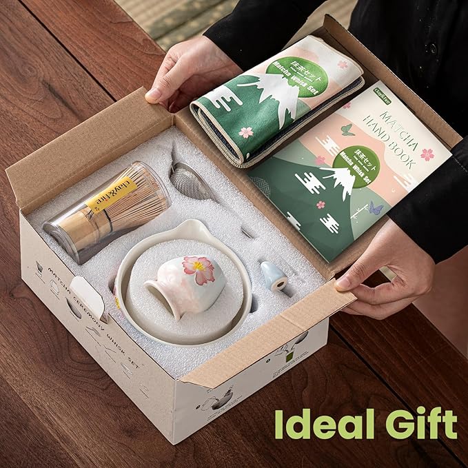 Clay&Fire Matcha Whisk Set，9 Pcs Ceramic Matcha Set, 15 OZ Matcha Bowl with Spout and Whisk，Matcha Kit for Friend, Ideal Gift for Matcha Lover（Cherry）
