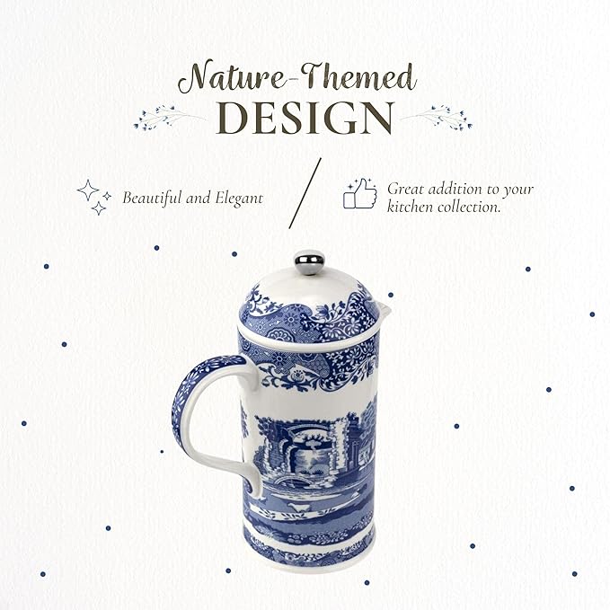 Spode Blue Italian French Press | 28-Ounce Capacity | Espresso, Coffee, and Tea Maker | Porcelain Cafetiere | Stainless Steel Plunger | Dishwasher Safe (Blue/White)