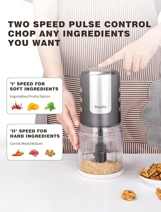 Mini Food Processor 2 Cup Small Electric Food Chopper 2 Speed for Vegetables, Meat, Fruits and Nuts with 4 Stainless Steel Blades, 400-Watt, Light Gray