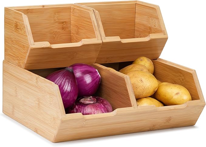 Pantry Storage Bins 3-Pack, Stackable Bamboo Containers for Potato & Onion Storage, Kitchen Organization & Decor (3pack)
