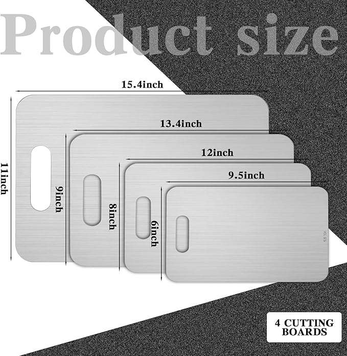4 Pcs Stainless Steel Cutting Board for Kitchen 304 Steel Chopping Dishwasher Safe Metal Cutting Board Set for Kitchen Meat Fruit Vegetable (15.4''x11'',13.4"x9",11.8"x7.9",9.5"x6")