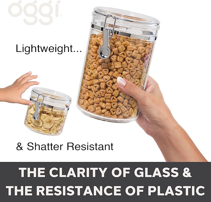Oggi Tall Clear Canister with Clamp Lid, 58 oz - Large Airtight Food Storage Container, Ideal for Kitchen & Pantry Storage of Bulk, Dry Foods Including Pasta & Spaghetti