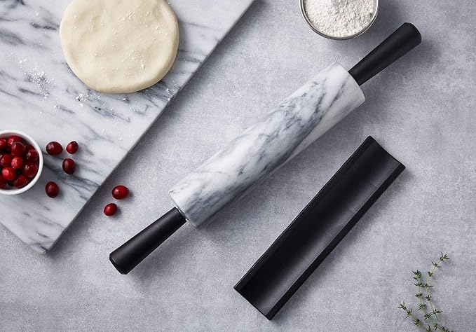 JEmarble Rolling Pin-Plastic Handles(White)(Premium Quality) Polished Surface 18-inch(10"Barrel) Genuine Stone Non-stick Save Effort Easy to Clean