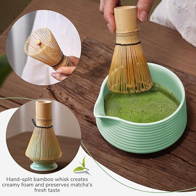 HELPLX Matcha Whisk Set 10-Piece Japanese Matcha Kit with BowlWhisk & Holder2 Tea CupsBamboo ScoopSpoonSifterScoop Rest & Tea Towel – Green Matcha Tea Set for Ceremony or Daily Use
