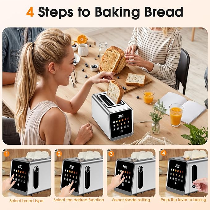 Touch Screen Toaster 2-Slice with 1.5" Wide Slots & Memory Recall | 900W Stainless Steel Smart Digital Toasters | 6 Shade Settings for Bagels & Thick Bread