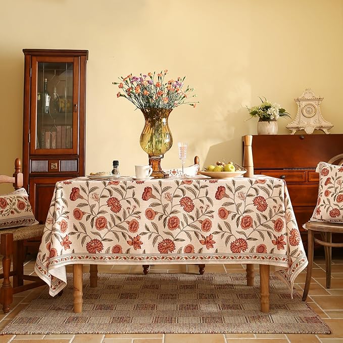 ISAENNE Designer French Long Tablecloth Rectangle,Linen Orange Floral Pattern Indoor Table Cloth,Wrinkle Resistant Decor Table Cloth for Dining Thanksgiving Kitchen Party,63"*102"-Alvarado D