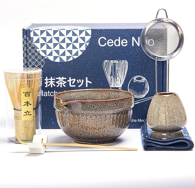 Matcha Whisk Set – Ceramic Matcha Bowl with Spout, Bamboo Whisk, Scoop, Ceramic Holders, Stainless Sifter, Towel,Perfect Matcha Starter Kit for Tea Ceremony, Japanese Tea Making Tools (Brown)