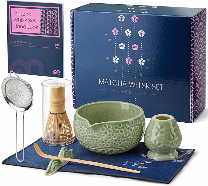 7Pcs Matcha Whisk Set, Ceramic Matcha Bowl with Spout,Bamboo Whisk and Holder, Bamboo Scoop,Scoop Rest,Sifter and Tea Towel,Matcha Kit w/Cherry Blossom Carved Pattern (Mottled Green)