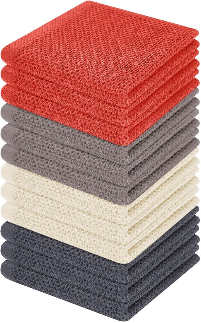 Homaxy 100% Cotton Waffle Weave Kitchen Dish Cloths, Ultra Soft Absorbent Quick Drying Dish Towels, 12 x 12 Inches, 12-Pack, Multicolor