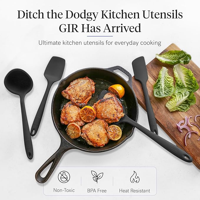 GIR: Get It Right 5-Piece Silicone Ultimate Kitchen Utensils Set - Ladle, Spatula, Flip, Spoon & Spoonula - Non-Toxic Cooking Utensils for Nonstick Cookware, Cooking and Baking - Black