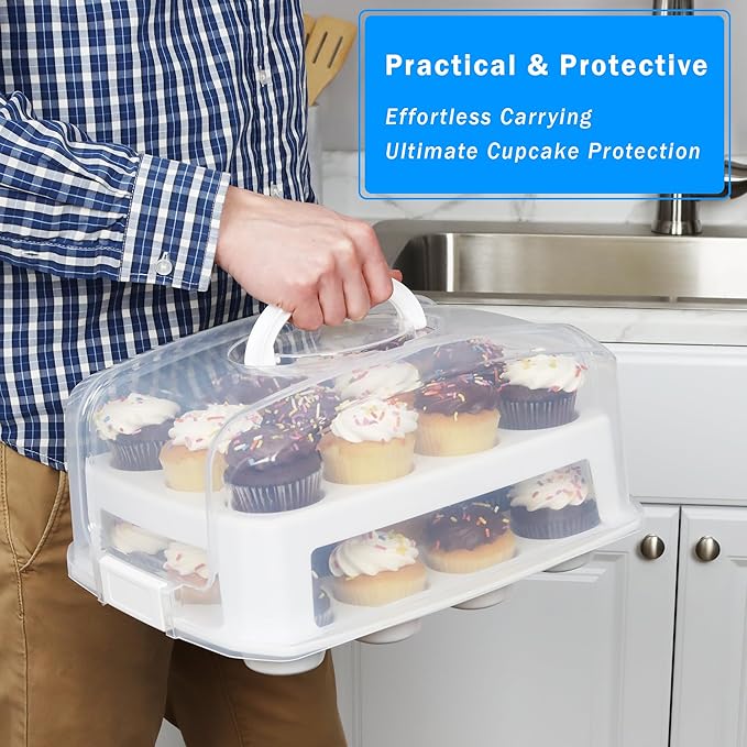 EXTRA TALL Cupcake Carrier 24 Count, 24 Cupcake Holder with Lid -Spacious 3.5” Tall Tiers Accommodate 24 Tall Frosted Cupcakes, Won't Smush! Cupcakes Containers Muffin Storage Container/ Muffin Holder