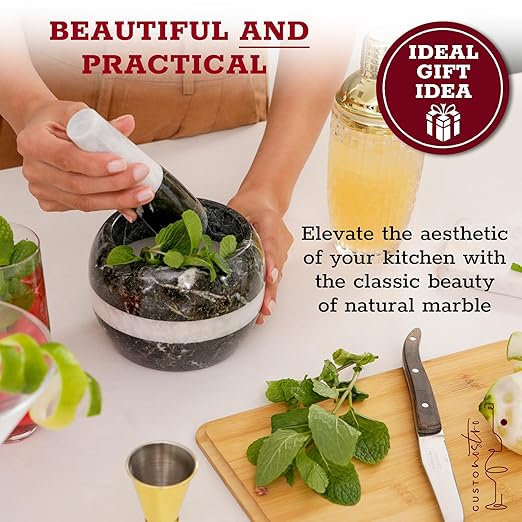 Gusto Nostro Natural Marble Mortar and Pestle Set | 5 Inch - 2.5 Cup Large Mortar Pestle Set for Grinding Herbs, Nuts, Grains | Pesto Grinding and Guacamole Stone Bowl | Marble Spice Crusher