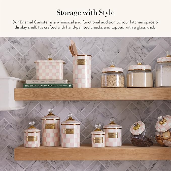 MACKENZIE-CHILDS Rosy Check Enamel Canister, Pink-and-White Kitchen Storage Container with Lid, Demi
