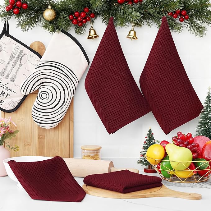 Homaxy 100% Cotton Waffle Weave Kitchen Dish Cloths, Ultra Soft Absorbent Quick Drying Dish Towels, 12 x 12 Inches, 8-Pack, Burgundy