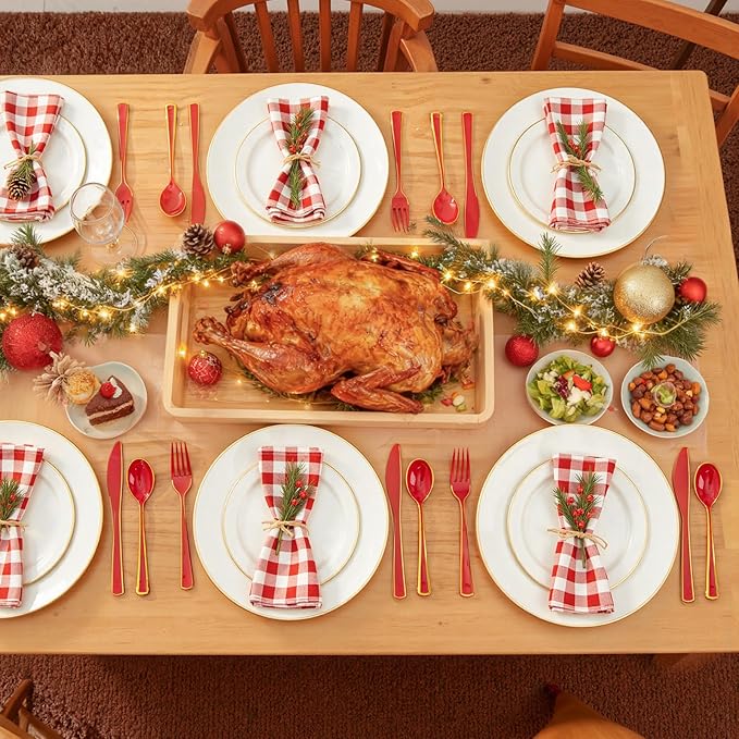 WDF 180 Pieces Red and Gold Plastic Silverware - Disposable Christmas Utensils Include 60 Forks, 60 Knives and 60 Spoons - Heavy Duty Red Plastic Cutlery - for Christmas/Party