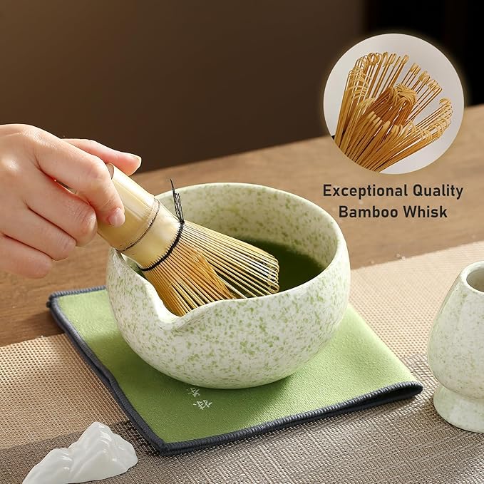 Matcha Whisk Set, Ceramic Matcha Set with Spout, Matcha Bowl Kit with Sifter, Whisk and Holder, Bamboo Scoop, Scoop Rest, Tea Towel, 7 Pcs Matcha Kit Set for Making Breakfast/Latte for Matcha Lovers