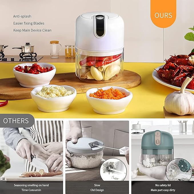 250ML Electric Garlic Chopper, Mini Portable Veggie Choppers, Garlic Grinder Masher Onion Chopper, Blender to Vegetable, Wireless Food Processor for Ginger, Chili, Fruit, Meat, etc