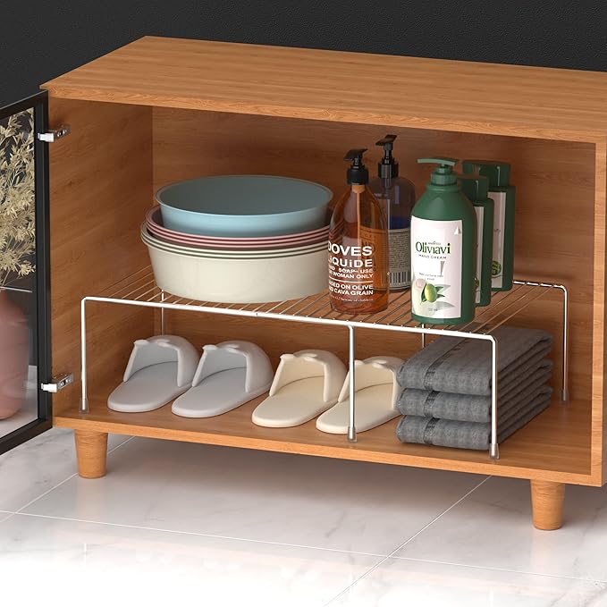 iPEGTOP Expandable Kitchen Cupboard Organiser, 2-Piece Adjustable Freezer Cabinet Storage Wire Shelf Rack Rustproof Metal Shelves Space Saver for Countertop Pantry Drawer Utensils
