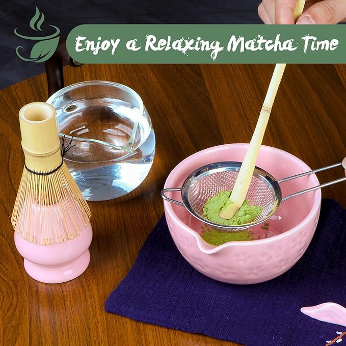 Matcha Whisk Set Pink, 8Pcs Matcha Set Kit include Matcha Bowl, Matcha Whisk and Holder, Bamboo Scoop, Scoop Rest, Sifter and Tea Towel, Matcha Whisk and Bowl Set for Matcha Lovers and Beginers