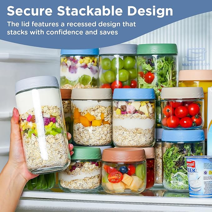 DRKIO 24 Oz Overnight Oats Containers with Lids - 4 Pack Glass Storage Jars with Airtight Lids Wide Mouth Mason Food Jars Great for Meal Prep Salad Chia Pudding Snacks Yogurt Sugar Spice Cereal