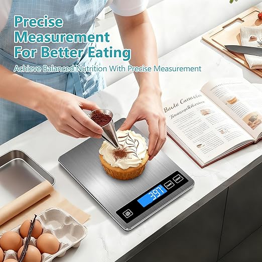 Food Scale, 33lb Digital Kitchen Scale, 1g/0.1oz Precision for Baking, Cooking, Meal Prep, Postage | Rechargeable Type-C, Tare Function, LCD Display Stainless Steel and Tempered Glass