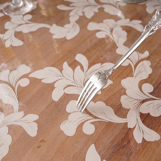 Vinyl Table Cloth Rectangle Clear Table Cover Protector with Block Printed Pattern Oil Spill Proof Farmhouse Rustic Plastic Table Covers for Dining Tables (Scroll Grass, 55 x 84 Inches)