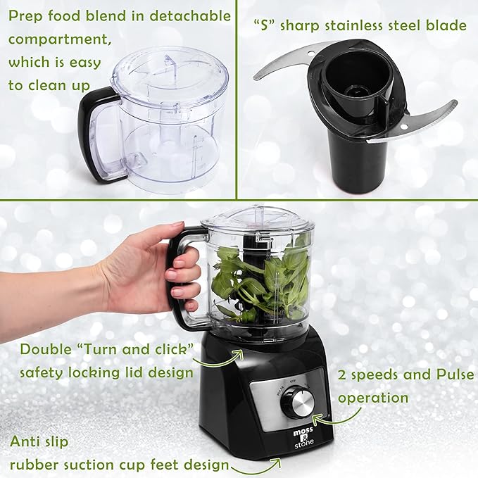 Moss & Stone 3 Cup Mini Food Processor, Strong Vegetable Chopper for Dicing, Chopping, Mincing, & Puree 300 Watts Mini Chopper With 2 Speeds, Perfect Baby Food Processor Black