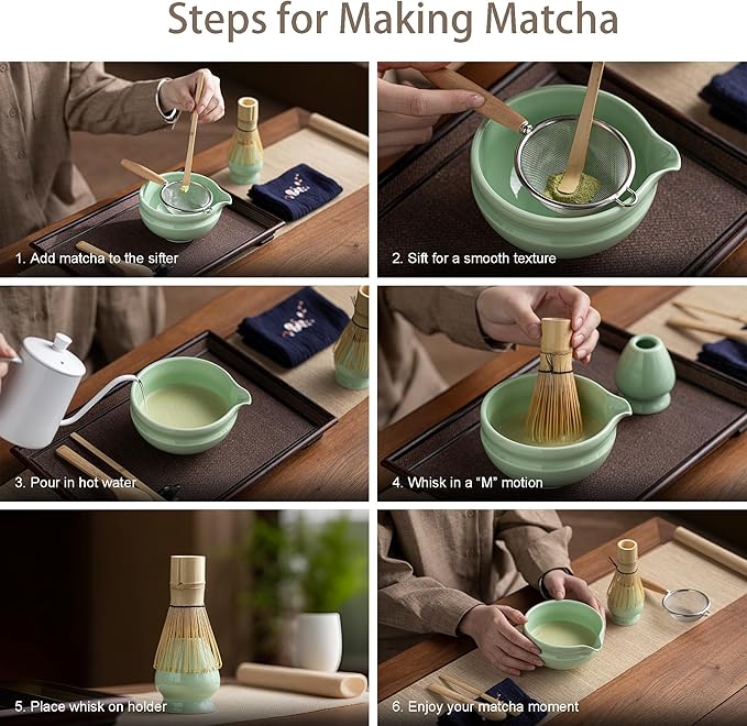Matcha Whisk Set – 8 Pcs Matcha Set with Ceramic Bowl with Spout, Bamboo Whisk, Holder, Scoop, Sifter, and Tea Towel – Complete Japanese Matcha Kit for Ceremony and Gift