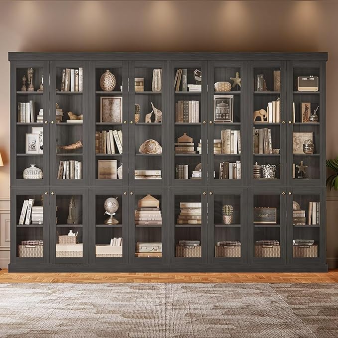 70.8" Bookshelf with Glass Doors, Farmhouse Modular Bookcase with 6-Tier Adjustable Shelves, Large Storage Cabinet for Living Room & Home Office, Set of 4, Black