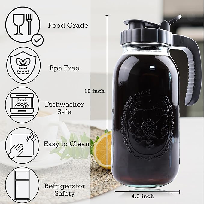 Cold Brew Coffee Maker Pitcher 2 Quart Glass Mason Jar With Spout Lid Filter Half Gallon Wide Mouth Iced Tea Brewing Jug Heavy Duty Handle Airtight & Leak-Proof Pitcher For Fridge Sun Tea 64 OZ
