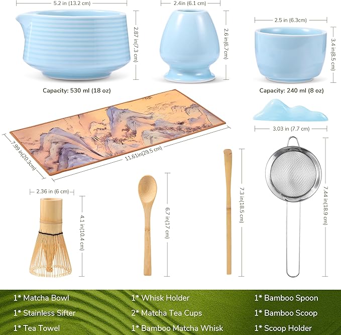 HELPLX Matcha Whisk Set 10-Piece Japanese Matcha Kit with BowlWhisk & Holder2 Tea CupsBamboo ScoopSpoonSifterScoop Rest & Tea Towel – Blue Matcha Tea Set for Ceremony or Daily Use