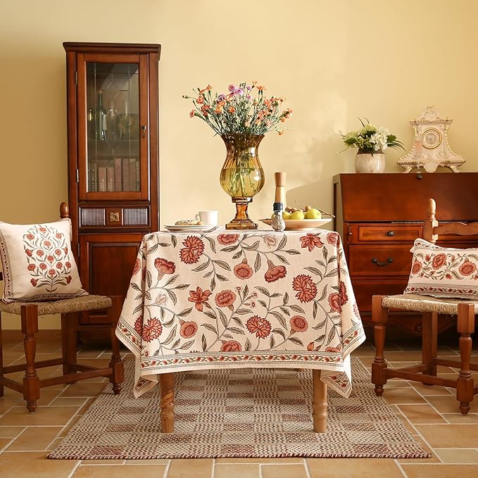 ISAENNE Designer French Small Rectangle Tablecloth,Linen Orange Floral Pattern Indoor Table Cloth,Wrinkle Resistant Decor Table Cloth for Dining Thanksgiving Kitchen Party,55"*71"-Alvarado D