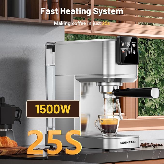 KEENSTAR 20Bar Espresso Machine with Hot & Rapid Cold Brew, Stainless Steel Coffee Makers, Espresso Maker with Milk Frother Steam Wand, Touch Screen with Water Tank for Latte, Cappuccino, Gift