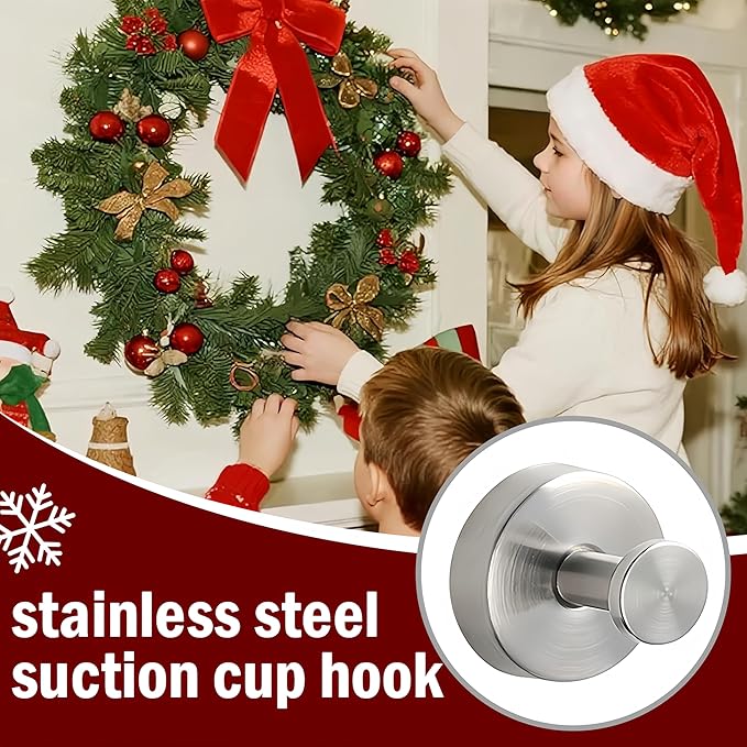 Suction Cup Hooks for Wreaths on Glass, 2026 Upgrade No Drill Towel Hooks Stainless Steel Waterproof Suction Cup Hooks, Wreath Hanger for Front Door for Kitchen, Bedroom (4, Black)