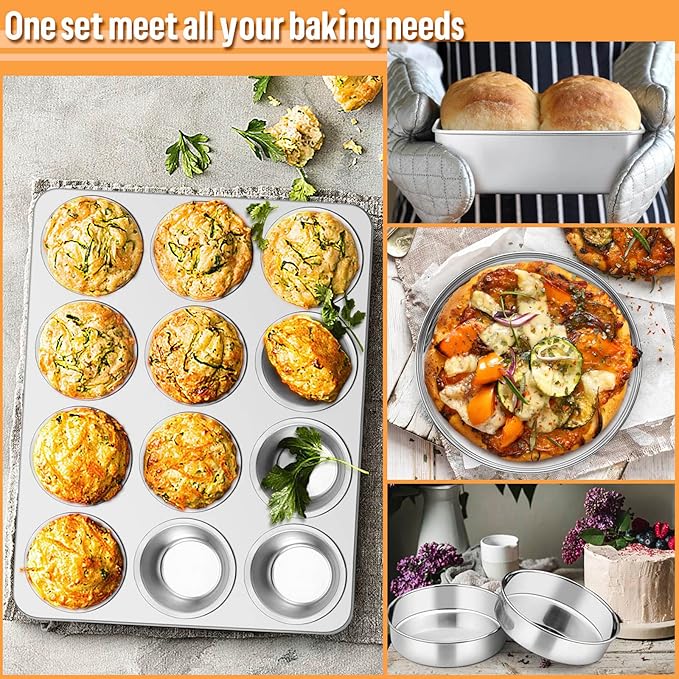 E-far 10-Piece Baking Pans set, Stainless Steel Bakeware Set for Oven, Include Cake Pan/Baking Cookie Sheet/Pizza/Muffin/Loaf Pan, Non-Toxic & Heavy Duty, Dishwasher Safe