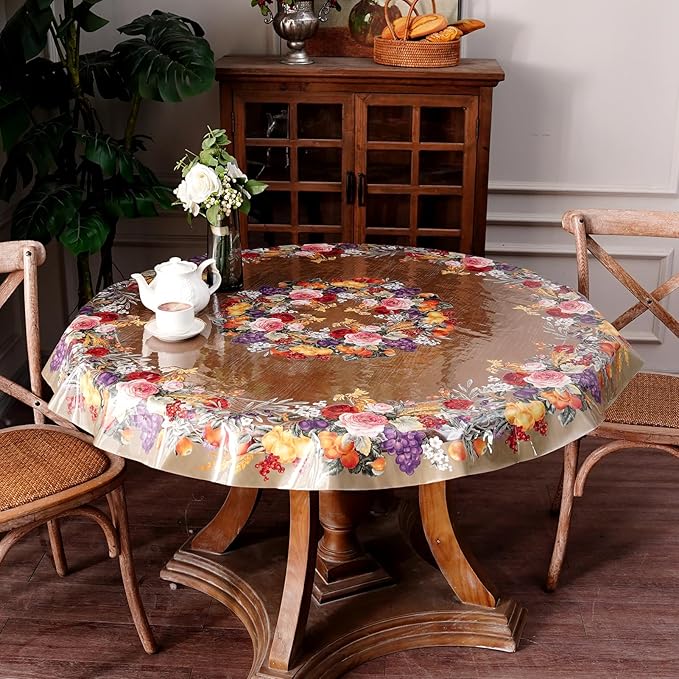 Clear Table Cover Protector Vinyl PVC Round Table Cloth with Floral Fruit Pattern Oil Spill Proof Plastic Tablecloths for Dining Tables Parties Holidays (Floral Fruit, 55 Inches Round)
