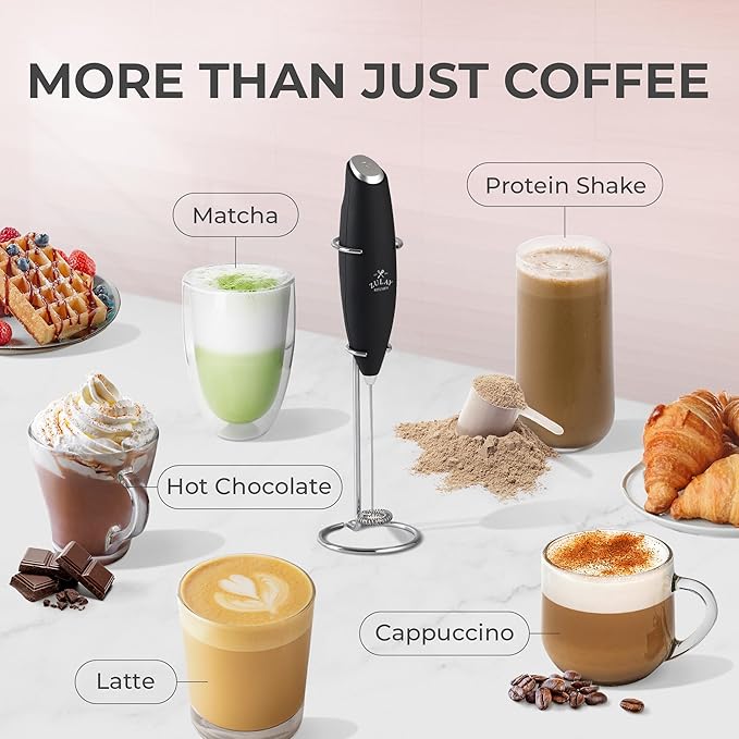 Zulay Premium Gift Milk Frother Set – Handheld Coffee Frother with Stand, 12oz/350ml Frothing Pitcher + 4 Latte Art Stencils – 13,000 RPM Motor, SS Whisk, Battery Operated – Barista Kit (OG Black)