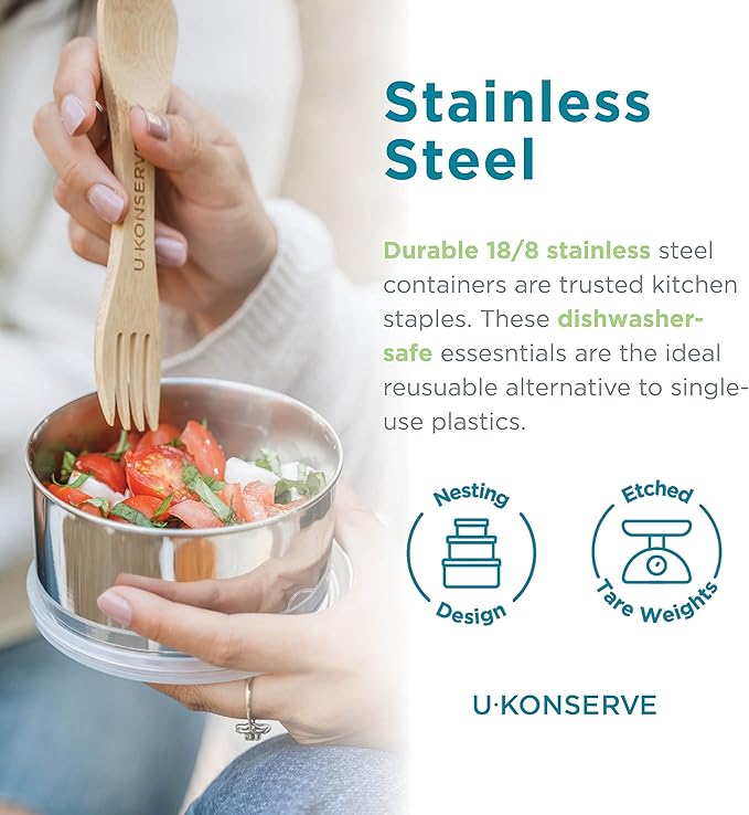 U Konserve Stainless Steel Round Food Storage Bento Box Container, Leak Proof Silicone Lid Dishwasher Safe - Plastic Free, 5oz